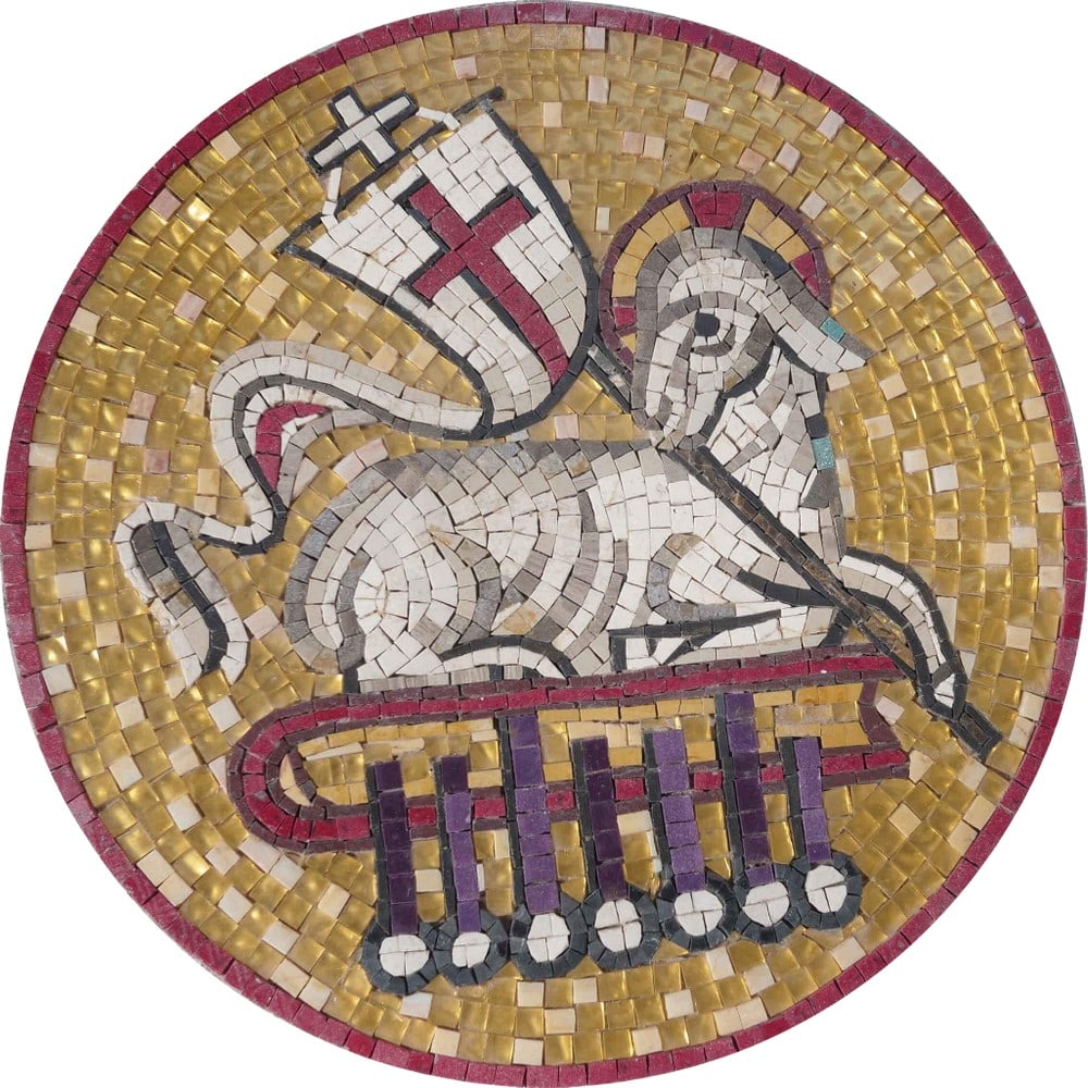 Lamb of God Marble Mosaic Panel: Lamb of God Marble Mosaic Panel A handcrafted square mosaic made from natural marble, gold glass, and dark purple quartz. This piece depicts a lamb motif with intricate details, mounted on a mesh bac