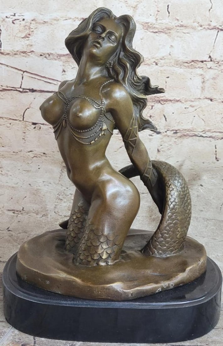 Mythical Alluring Nude Mermaid Bronze Sculpture on Marble Base Signed Original by Milo - 12" x 8.5": Mythical Alluring Nude Mermaid Bronze Sculpture on Marble Base Signed Original by Milo - 12" x 8.5" The "Mythical Alluring Nude Mermaid" bronze sculpture, an exquisite original signed
