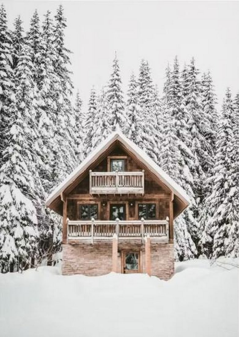 Holiday Cabin Canvas Print: Holiday Cabin Canvas Print An artwork showing a small wooden cabin surrounded by snow-covered pine trees. The scene highlights a quiet winter landscape with soft tones and simple detail. The work