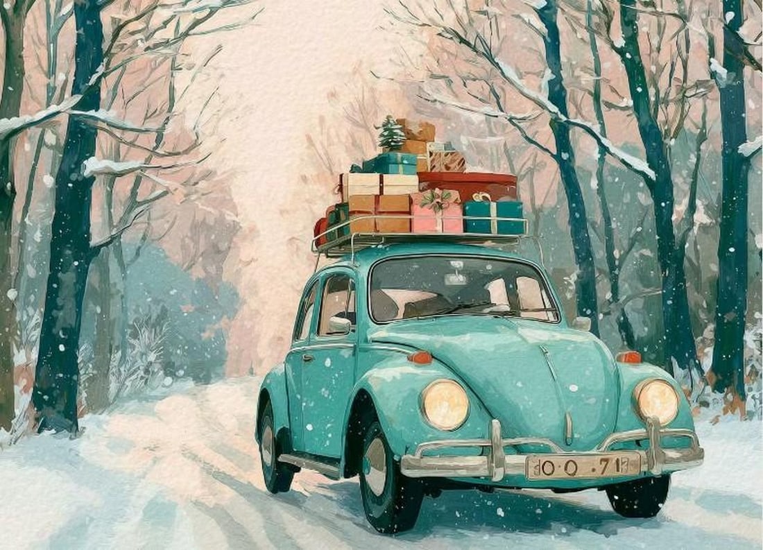 Vintage Holiday Drive Poster Print: Vintage Holiday Drive Poster Print An artwork showing a blue vintage car driving through a snowy forest, carrying colorful gift boxes and a small tree on its roof. The scene features a soft pastel co