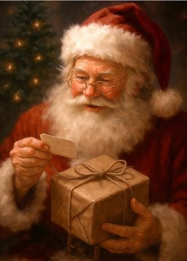 Festive Santa Portrait Poster Print: Festive Santa Portrait Poster Print An artwork featuring Santa Claus in his classic red suit, holding a wrapped gift. He stands beside a Christmas tree glowing with yellow lights, his white beard and