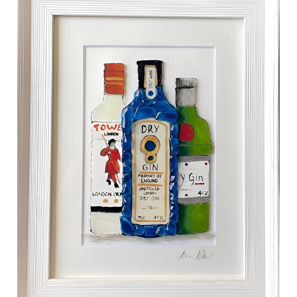 ‘Gin’ Handcrafted Sea Glass Wall Art by Sea on Glass: ‘Gin’ Handcrafted Sea Glass Wall Art by Sea on Glass This framed artwork features a playful composition of three gin bottles created from hand-collected sea glass. Each piece has been carefully ar
