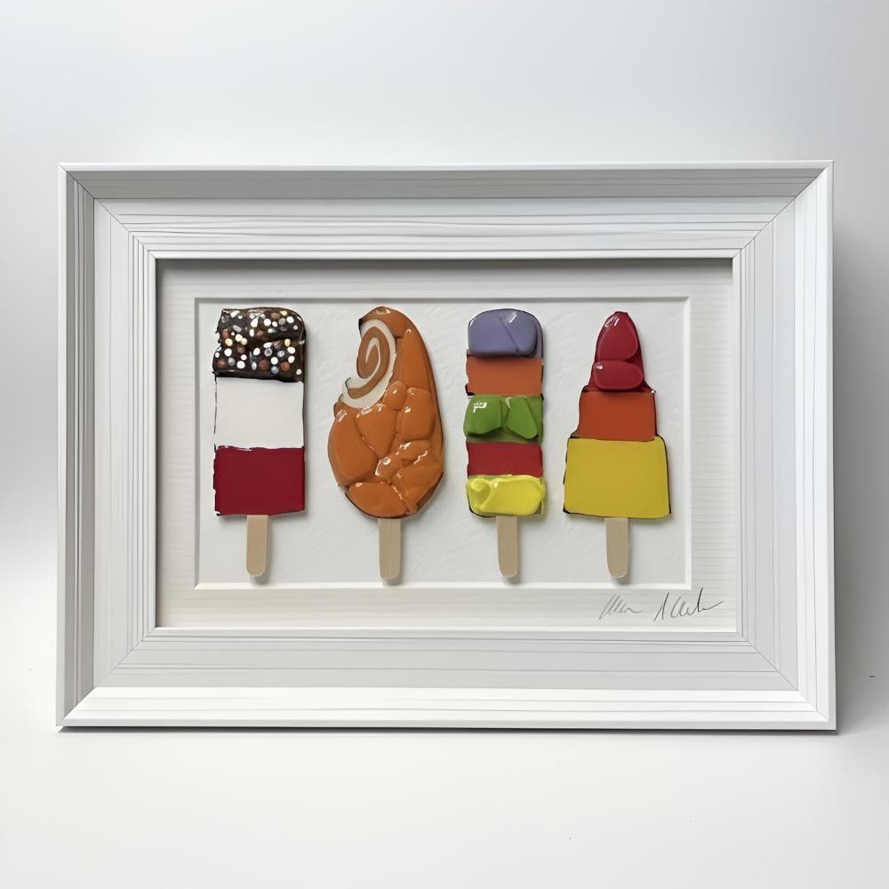 ‘Summer Ice Cream’ Handcrafted Sea Glass Wall Art by Sea on Glass: ‘Summer Ice Cream’ Handcrafted Sea Glass Wall Art by Sea on Glass This framed artwork features a fun and clever depiction of an ice cream cone, created from hand-collected sea glass. The carefully