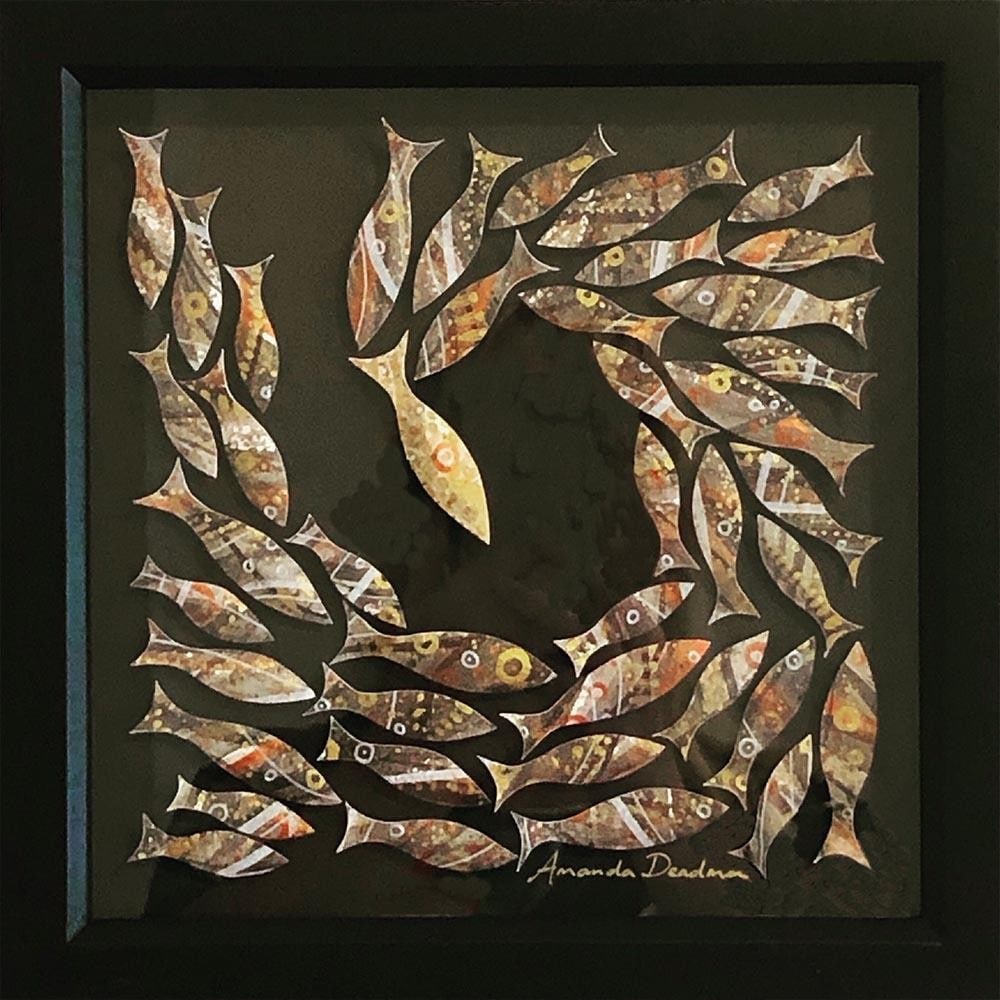 ‘The Golden One’ Framed Paper Wall Art by Amanda Deadman Art: ‘The Golden One’ Framed Paper Wall Art by Amanda Deadman Art Inspired by the movement of fish in a shimmering shoal, this piece features individually hand-cut fish forms created from original wat