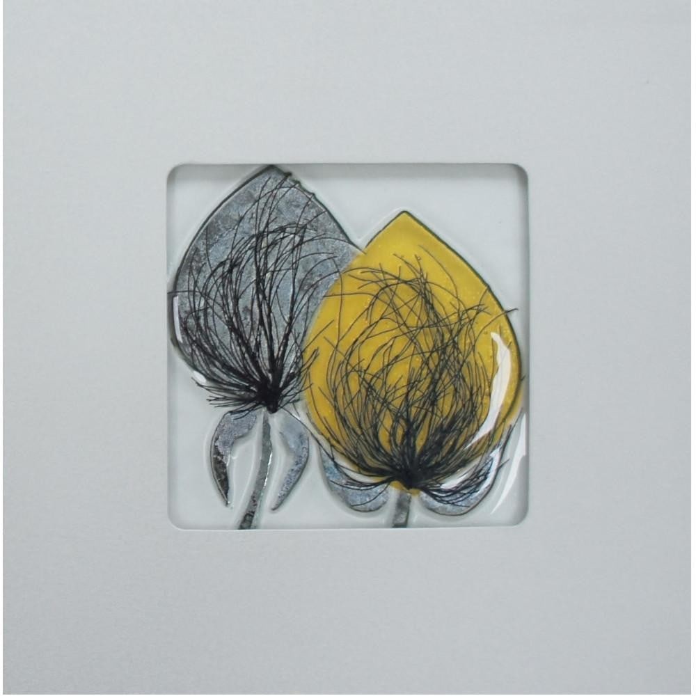 ‘Yellow Clover’ Glass Wall Decor by Wendy Newhofer: ‘Yellow Clover’ Glass Wall Decor by Wendy Newhofer This kiln-formed glass artwork features a delicate clover design in soft yellow and grey tones, created using wire and precious metal inclusions