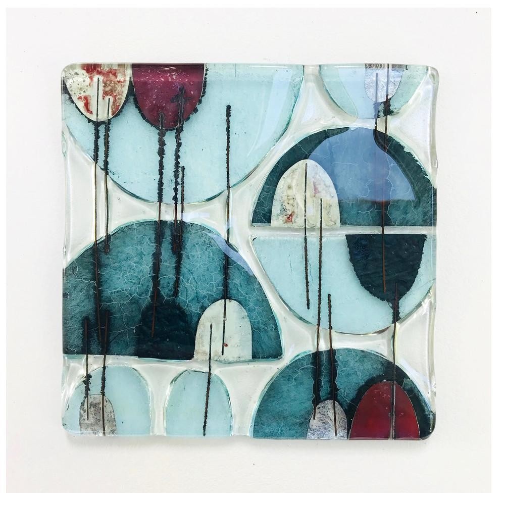 ‘Fifties Abstract’ Fused Glass Wall Art by Wendy Newhofer: ‘Fifties Abstract’ Fused Glass Wall Art by Wendy Newhofer This framed artwork features a playful composition of retro-inspired shapes and soft muted tones. Wendy’s signature technique involves