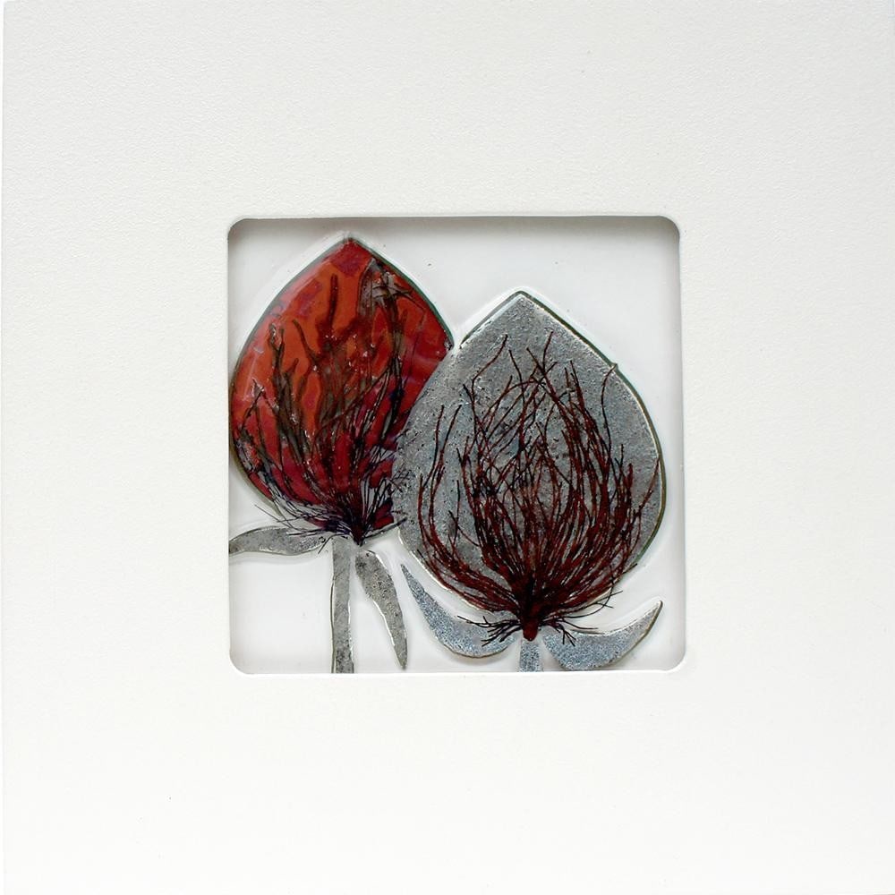 ‘Red Clover’ Framed Glass Wall Art by Wendy Newhofer: ‘Red Clover’ Framed Glass Wall Art by Wendy Newhofer This artwork features a delicate arrangement of soft, painterly tones, created using Wendy’s signature technique of fusing metallic foils
