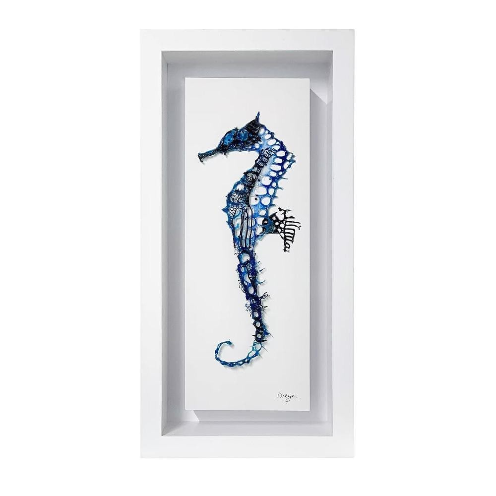 ‘Seahorse’ Glass Art by Dreya Bennet: ‘Seahorse’ Glass Art by Dreya Bennet This striking glass artwork captures the delicate form and intricate details of a seahorse. Layers of blue glass create depth and texture, bringing the