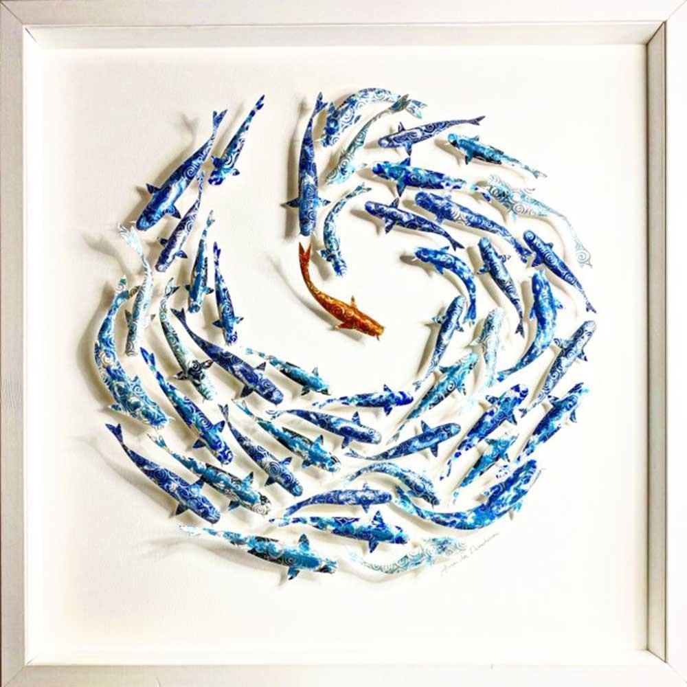 ‘Circle of Koi’ Paper Sculpture Art by Amanda Deadman: ‘Circle of Koi’ Paper Sculpture Art by Amanda Deadman This framed paper sculpture captures the movement and shimmer of a shoal of koi. Hand-painted in blues and gold with metallic spirals, each f