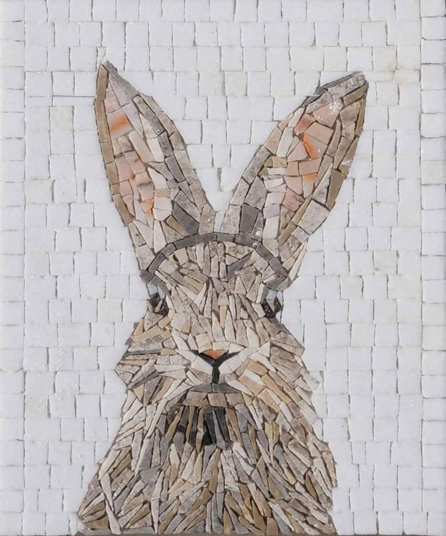 Bunny Mosaic Art - Handcrafted Marble Design: Bunny Mosaic Art - Handcrafted Marble Design A handcrafted rectangular mosaic made from natural marble. This design features playful bunnies with intricate detailing and vibrant colors, capturing the