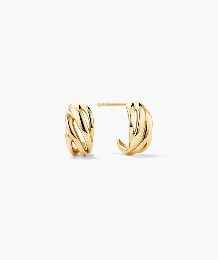 Radiant 14k Salmon Gold Sculpted Curve Huggies: Radiant 14k Salmon Gold Sculpted Curve Huggies A sleek pair of huggie earrings in 14k salmon gold featuring clean, curved lines for a modern, minimalist look. Crafted from fully traceable, responsibl