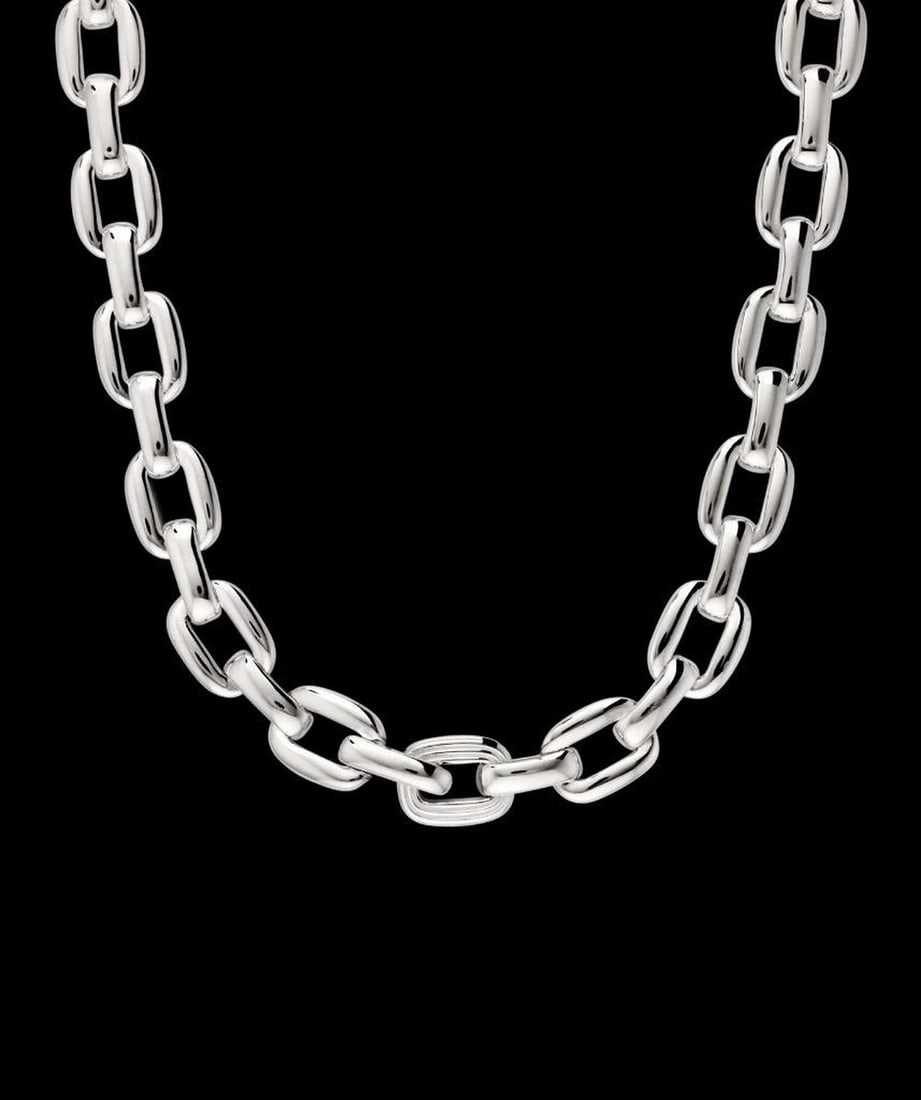 Sterling Silver Textured Link Chain Necklace: Sterling Silver Textured Link Chain Necklace Bold by design, this statement chain features a single textured link to add visual interest. Polished and durable, it’s hypoallergenic and crafted