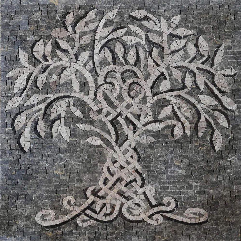 Harmony Tree Marble Mosaic Panel: Harmony Tree Marble Mosaic Panel A handcrafted square mosaic made from natural marble stones. This design features a tree with intertwined branches and delicate leaves, mounted on a mesh backing. Sui