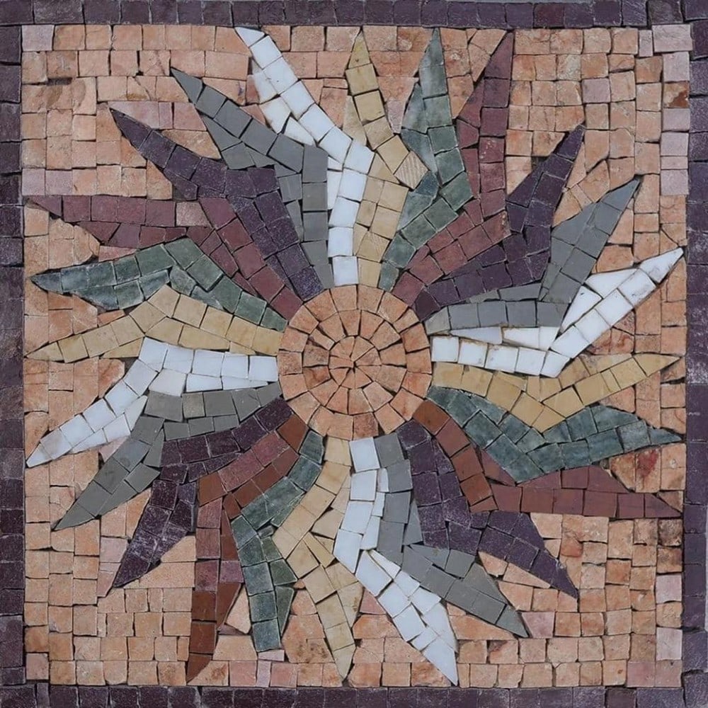 Abstract Floral Mosaic Artwork: Abstract Floral Mosaic Artwork A handcrafted mosaic artwork featuring an abstract interpretation of a flower, expertly arranged from natural stone tiles. The piece showcases a harmonious blend of sha