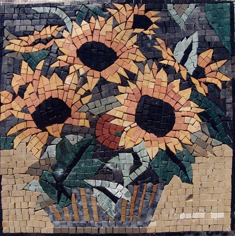 Sunflower & Daisies Mosaic Medallion: Sunflower & Daisies Mosaic Medallion A handcrafted square mosaic made from natural marble. This design features cheerful sunflowers and delicate daisies, capturing the vibrant beauty and
