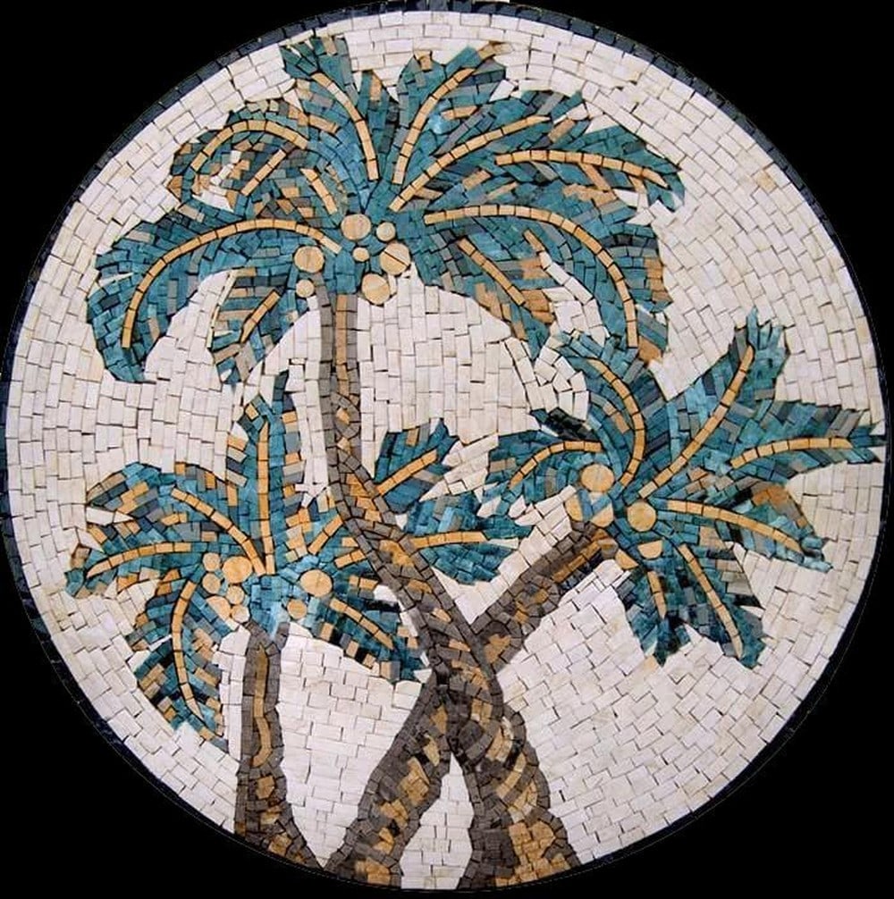 Tropical Palm Trees Mosaic Medallion: Tropical Palm Trees Mosaic Medallion A handcrafted square mosaic made from natural marble. This design features serene palm trees set against a vibrant, natural stone backdrop, combining intricate