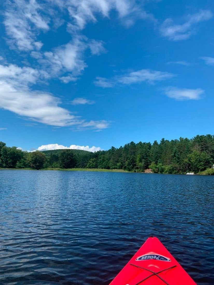 Canoe on the Lake: Canoe on the Lake Capture the peaceful charm of a summer day on the water with this exclusive hand-painted canvas opportunity. The photograph is taken from the front of a vibrant red canoe,