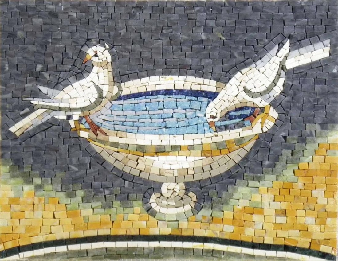Mosaic Mural – Paradise Pigeons: Mosaic Mural – Paradise Pigeons A handcrafted rectangular mosaic made from natural marble, the Mosaic Mural – Paradise Pigeons captures the vibrant beauty of these remarkable birds in your