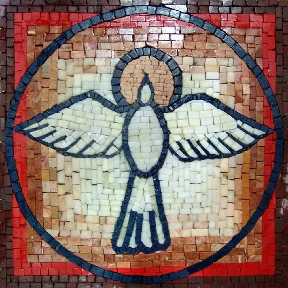 The Holy Spirit Mosaic Accent – Handcrafted Stone Art: The Holy Spirit Mosaic Accent – Handcrafted Stone Art A handcrafted square mosaic made from natural marble. This design features the Holy Spirit, depicted with flowing, radiant patterns