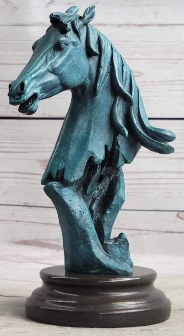 Signed Original Blue Patina Abstract Horse Bust Bronze Sculpture On Marble Base - 8.5" x 5": Signed Original Blue Patina Abstract Horse Bust Bronze Sculpture On Marble Base - 8.5" x 5" This gorgeous bronze bust of a horse is unique and filled with a raging vibe of energy. The horse s