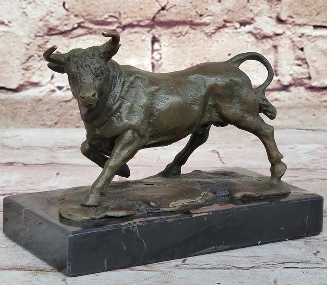 Stock Market Bull Original Bronze Sculpture Signed by Mavchi on Marble Base - 4" x 5": Stock Market Bull Original Bronze Sculpture Signed by Mavchi on Marble Base - 4" x 5" Immerse yourself in the dynamic energy of the stock market with "Financial Momentum," an exquisite