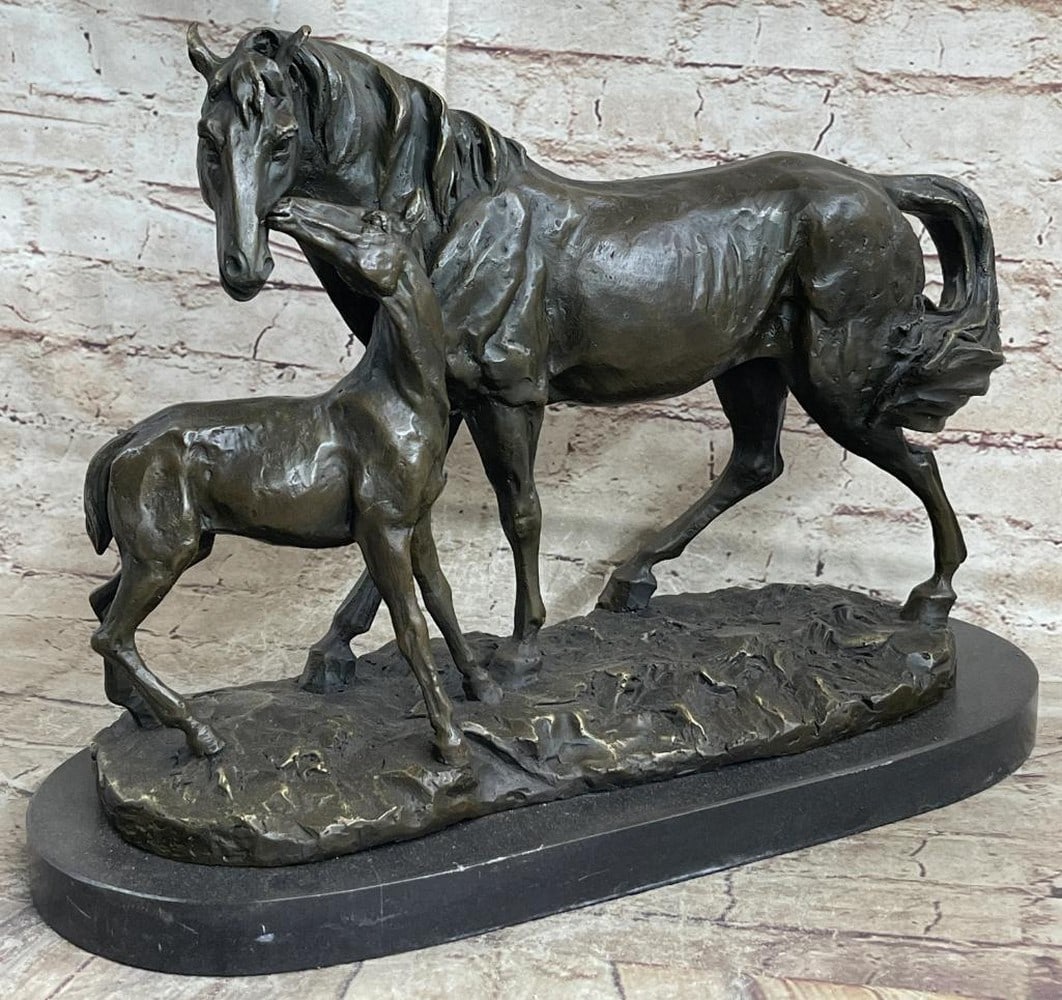 Signed Original Horse & Foal Bronze Sculpture On Marble Base - 12" x 16": Signed Original Horse & Foal Bronze Sculpture On Marble Base - 12" x 16" The mare and foal stand in the high grasses of a meadow at the dusk of day. The foal rubs her neck along her mothe