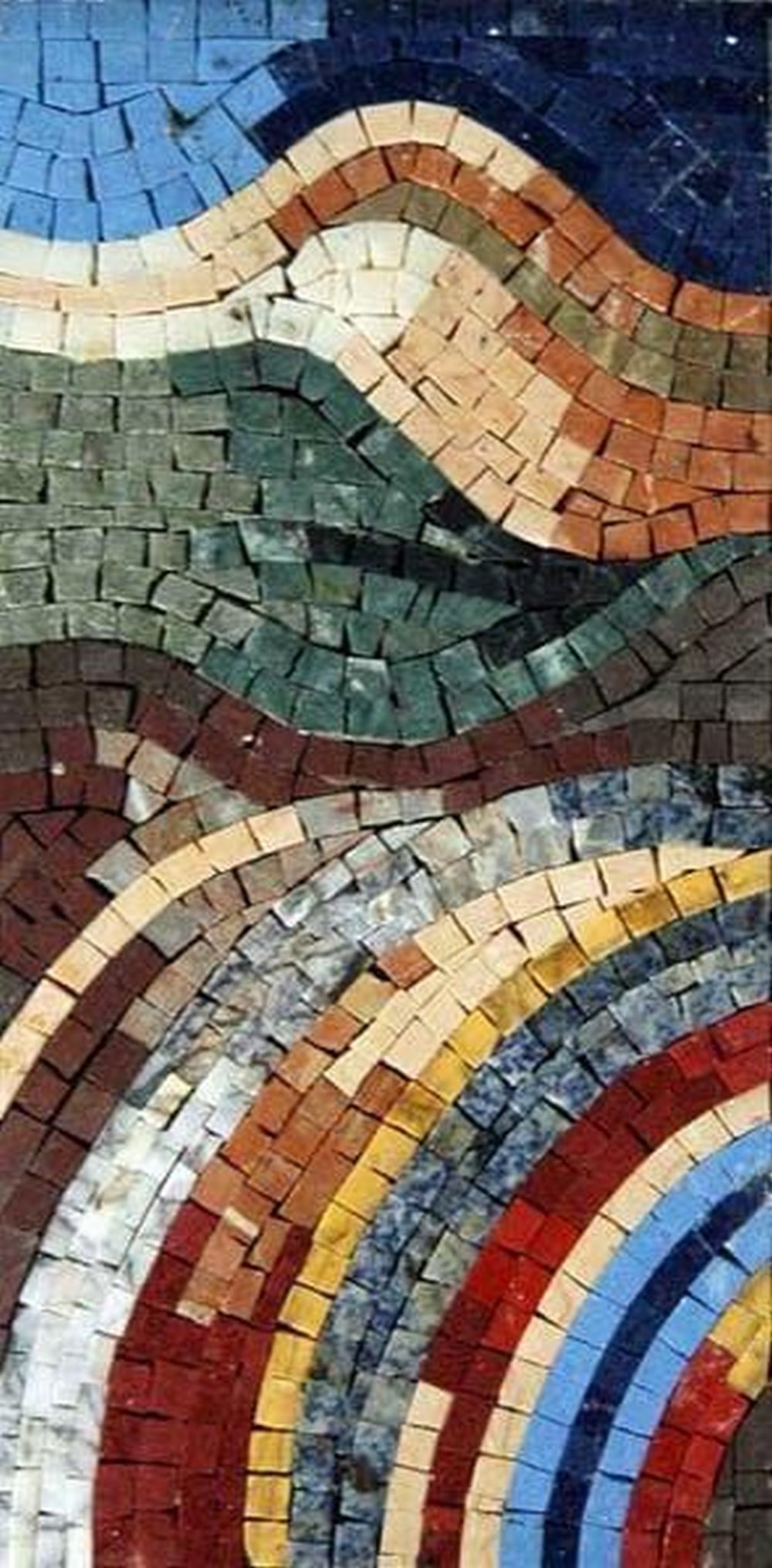 Vibrant Color Strokes Marble Mosaic: Vibrant Color Strokes Marble Mosaic A handcrafted rectangular mosaic made from natural marble stones. This design features an abstract pattern using a mix of vibrant colored stones, suitable for inst