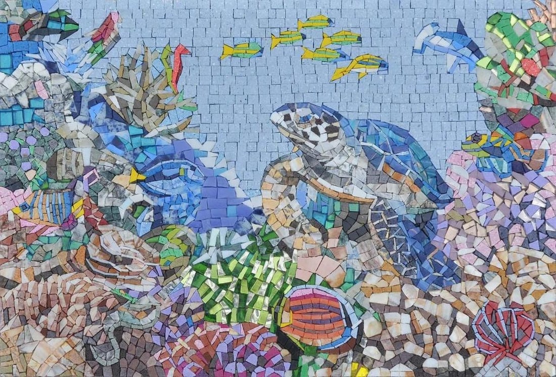 Turtle Reef Mosaic Pool Art: Turtle Reef Mosaic Pool Art A handcrafted rectangular mosaic made from natural marble and quartz stones. This design features a detailed depiction of a turtle reef, capturing the colors and textures