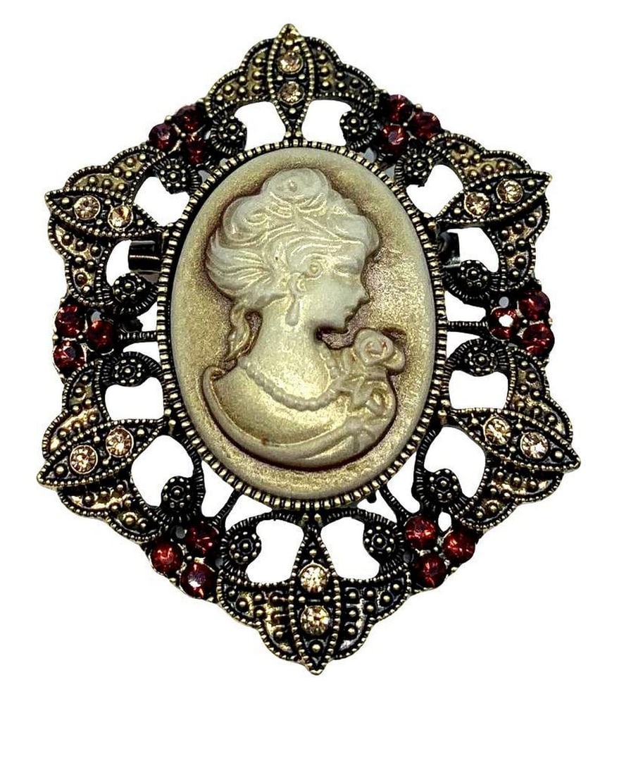 Crystal Rhinestones Queen Cameo Red and Gold Vintage Brooch: Gorgeous Crystal Rhinestones Cameo Vintage Brooch for Women This brooch will add charm and elegance to any clothing item. It is fashionable and easy to wear. It would make a great gift for your frien