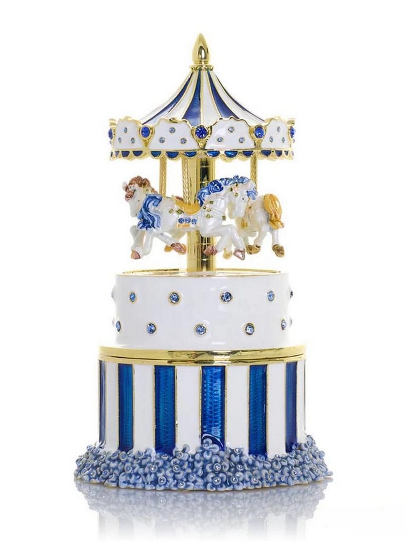 Golden Crystal Carousel Trinket Box: Golden Crystal Carousel Trinket Box This exquisite enamel-painted trinket box is a handcrafted piece adorned with handpicked Austrian crystals and finished with 24K gold plating. The piece is painted
