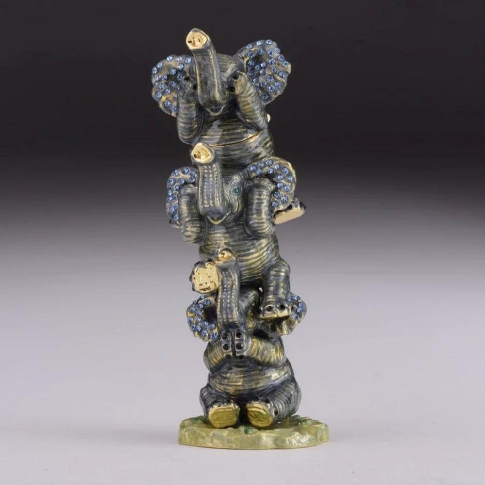 Three Elephant Trinket Box: Three Elephant Trinket Box Enamel Painted Trinket Box Decorated with Austrian Crystals A charming handmade brown elephant Faberge styled trinket box. This piece is a unique one of a kind piece made