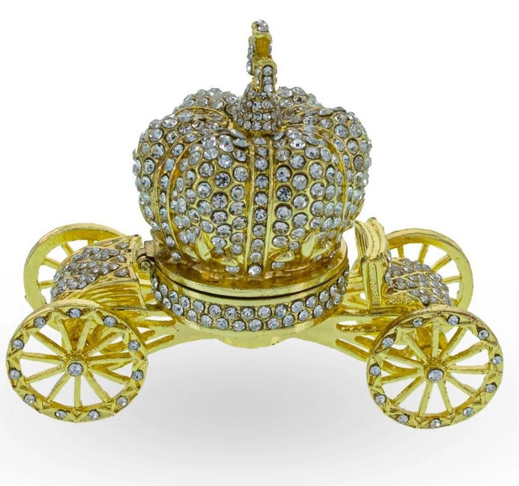 Rhinestone Crystal Coach Crown Trinket Box: Rhinestone Crystal Coach Crown Trinket Box The trinket box opens on a hinge and closes shut with a magnet, to keep the box securely shut. Dimensions: 2.3"H x 3.4"L View Photos For