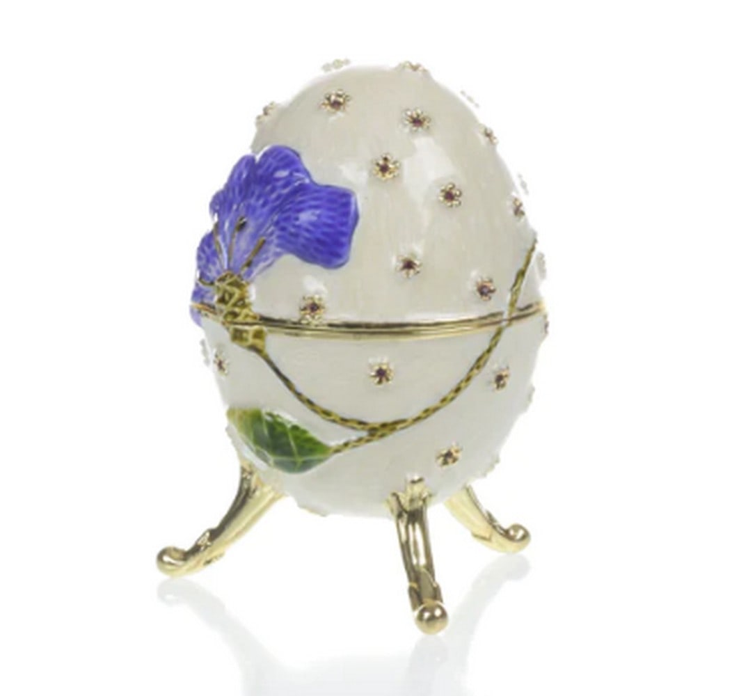 Blue Floral Music Box - Fur Elise by Beethoven in White Faberge Egg: Blue Floral Music Box - Fur Elise by Beethoven in White Faberge Egg Experience the epitome of opulence with our enchanting Blue Floral Music Box in a White Faberge Egg, accompanied by a