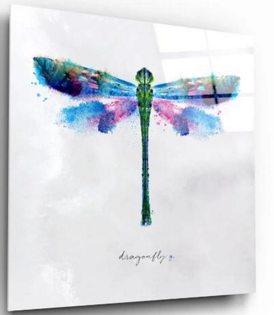 Tempered Glass Wall Art: Watercolor Dragonfly: Tempered Glass Wall Art: Watercolor Dragonfly This elegant tempered glass wall art features a softly painted dragonfly in delicate watercolor style, set against a crisp white background. Beneath the
