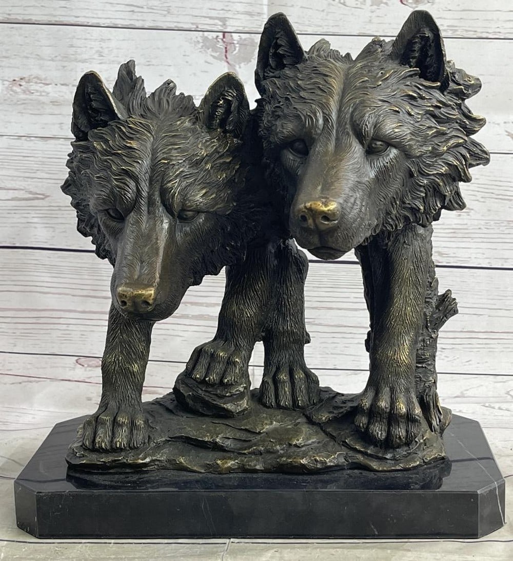 Dual Wolf Head Busts Bronze Sculpture On Marble Base - 12" x 12" (1 of 7)