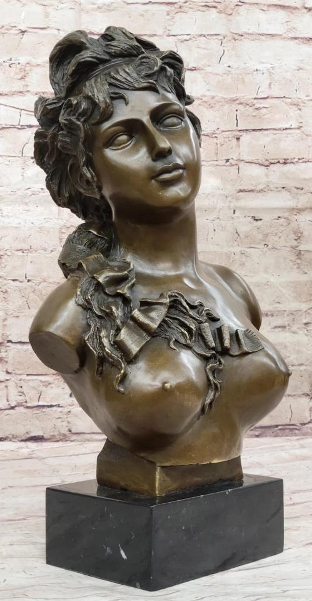 Feminine Nude Female Signed Original Bronze Bust Sculpture on Marble Base by J. Patoue - 20" x 11": Feminine Nude Female Signed Original Bronze Bust Sculpture on Marble Base by J. Patoue - 20" x 11" Experience the convergence of elegance and artistry in this mesmerizing bronze bust,