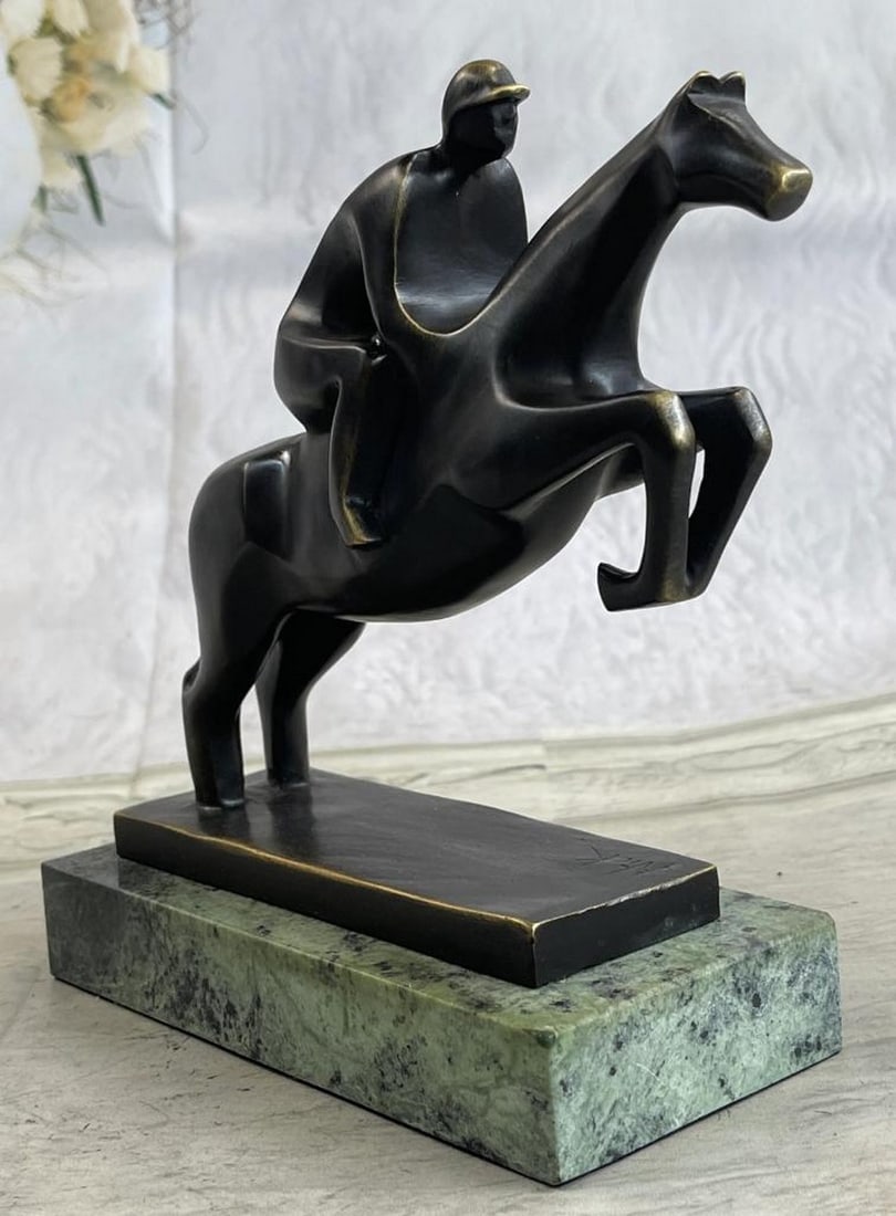 Signed Milo Original Jockey On Horse Bronze Sculpture On Marble Base - 7.5" x 9" (1 of 8)