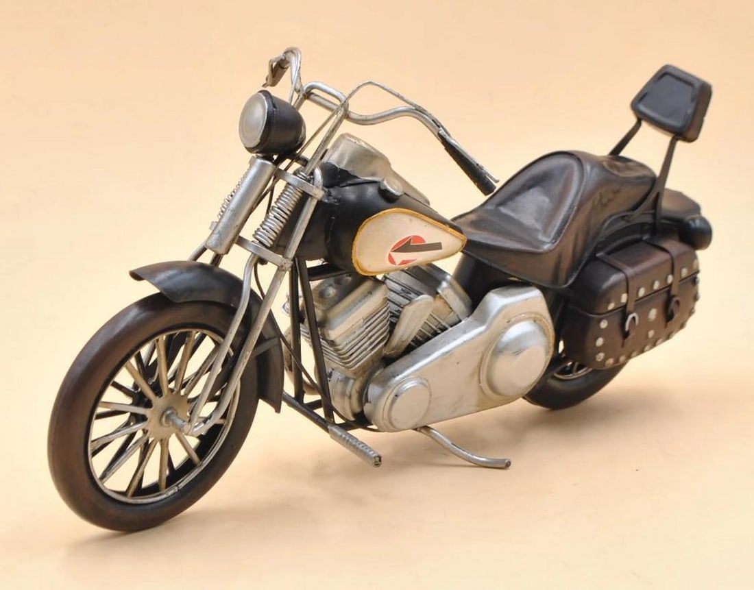 Vintage Hand-Made Black Indian Motorcycle Sculpture: Vintage Hand-Made Black Indian Motorcycle Sculpture This hand-crafted sculpture captures the charm of a classic Indian motorcycle in rustic iron with beige and black finishes. Unique in design, it fe