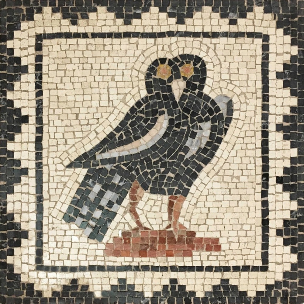 Bird from the House of Birds Mosaic: Bird from the House of Birds Mosaic The Bird from the House of Birds Mosaic is apart of a wide collection of Animal Mosaics. This mosaic illustrates a bird with geometric forms on the border. This m