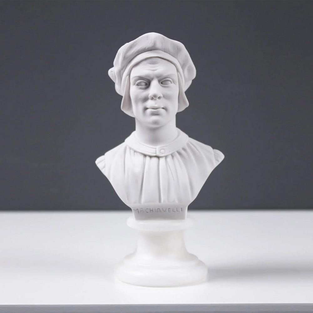 Machiavelli White Carrara Marble Bust Sculpture - (0.7lbs): Machiavelli White Carrara Marble Bust Sculpture - (0.7lbs) Machiavelli Bust Statue inspired by portraits of the era. Our Machiavelli statue is an inspiring gift for political science enthusiasts, his