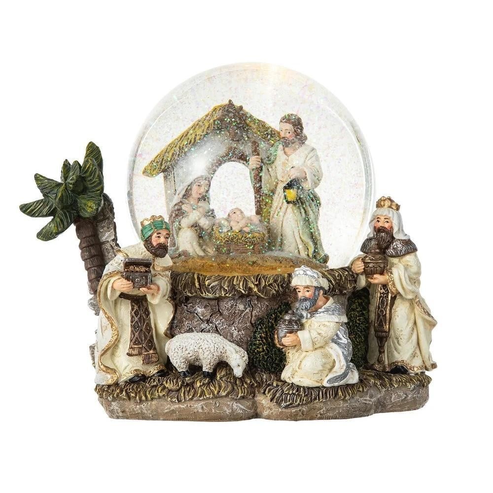 Joy to the World Lighted Nativity Waterglobe: Joy to the World Lighted Nativity Waterglobe This oversized lighted musical waterglobe beautifully showcases the Holy Family both inside and on the base. Warm illumination highlights the intricate