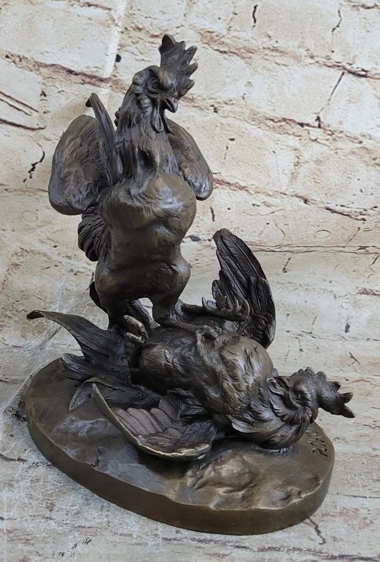 Signed Original Fighting Roosters Bronze Sculpture On Marble Base - 9" x 9": Signed Original Fighting Roosters Bronze Sculpture On Marble Base - 9" x 9" Two roosters engage in a good old fashioned cock fight. They charge and peck at each other like fierce enemies but