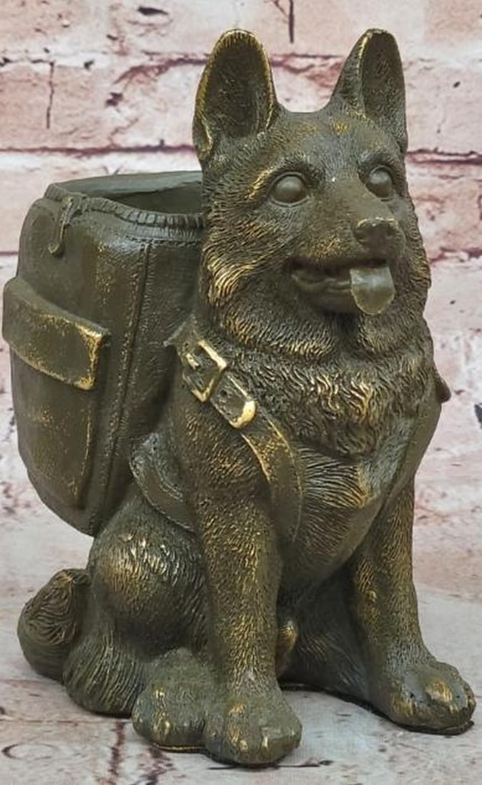 German Shepherd with Backpack Bronze Sculpture: German Shepherd with Backpack Bronze Sculpture This captivating German Shepherd with backpack Bronze Sculpture, inspired by the talented artist M. Lopez, beautifully captures the loyalty and