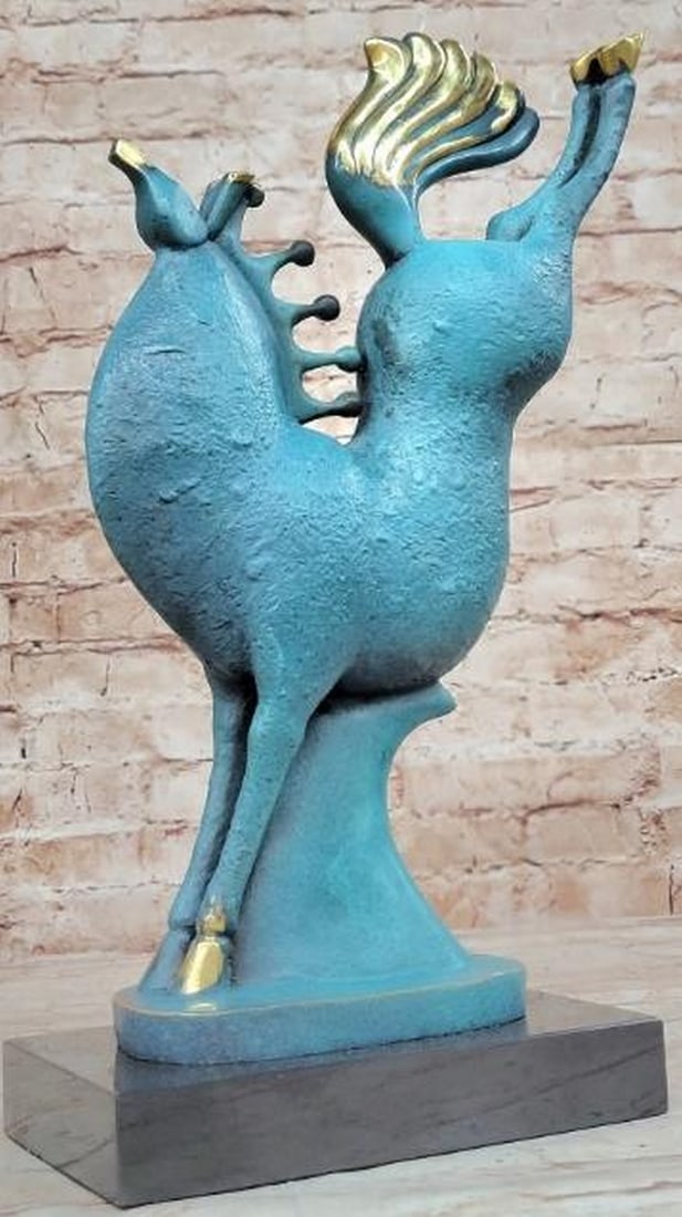 Abstract Horse in Flight Bronze Sculpture: Abstract Horse in Flight Bronze Sculpture This expressive bronze sculpture, bearing the signature of artist Milo, captures an abstract horse in mid-kick, its back legs flung high in a powerful gestur