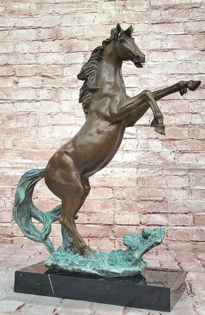 Surge of Spirit: Rearing Horse in Blue-Green Patina Bronze Sculpture: Surge of Spirit: Rearing Horse in Blue-Green Patina Bronze Sculpture Full of energy and elegance, this bronze sculpture bearing the signature of talented artist Fisher, portrays a powerful horse