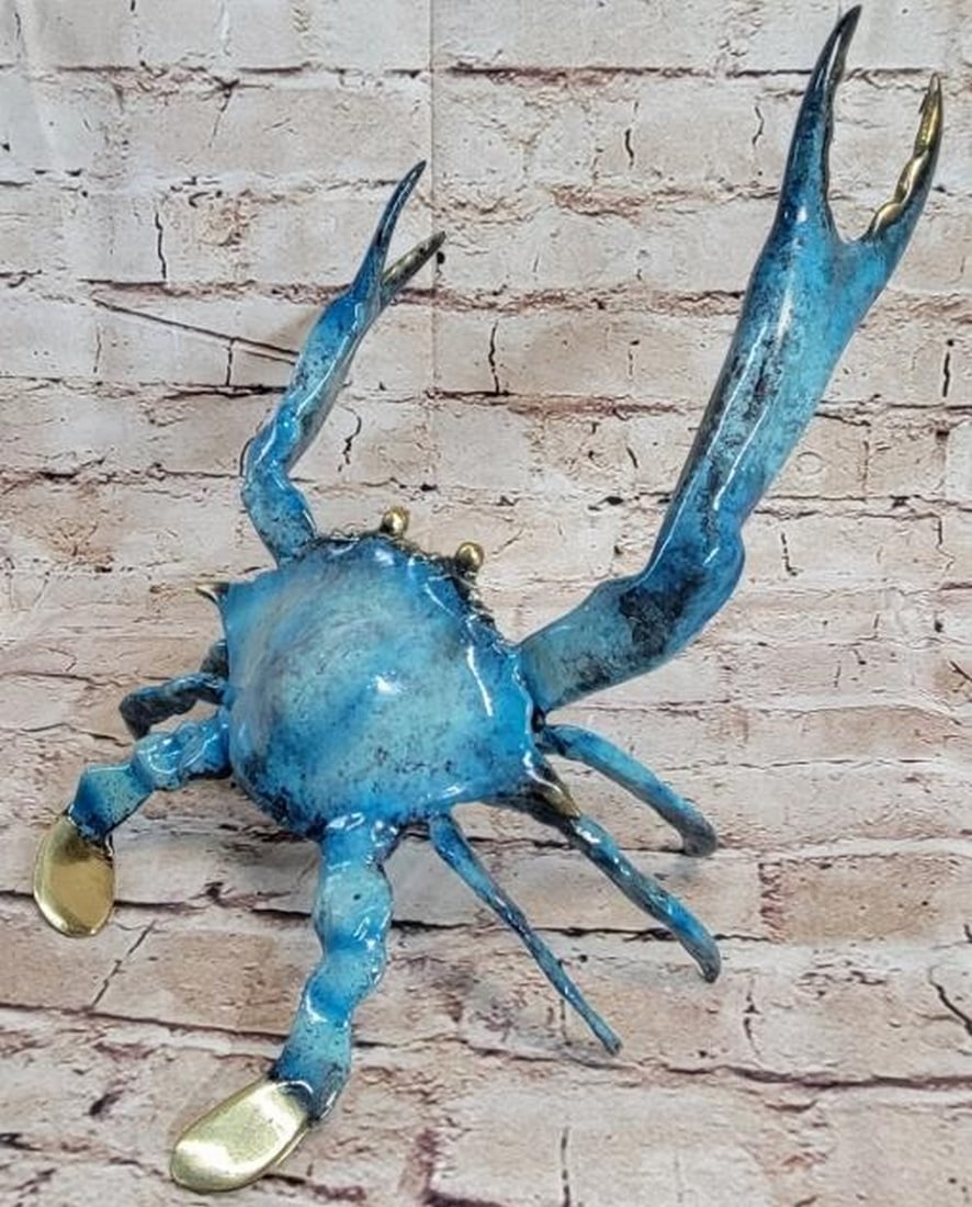 Golden Claws and Ocean Hues: Patina Glazed Bronze Crab Sculpture: Golden Claws and Ocean Hues: Patina Glazed Bronze Crab Sculpture A vibrant and whimsical bronze metal crab sculpture brought to life with colorful patina detailing and bearing the signature of artist