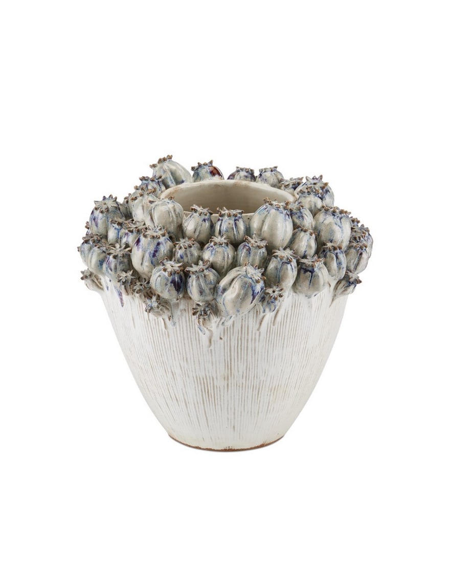 Ivory White & Reactive Blue Vase, Pod Crown Collection: Ivory White & Reactive Blue Vase, Pod Crown Collection The Poppy Pod Crown Medium Vase is a handcrafted ceramic marvel, finished in a sophisticated blend of ivory, blue, and purple reactive glaze