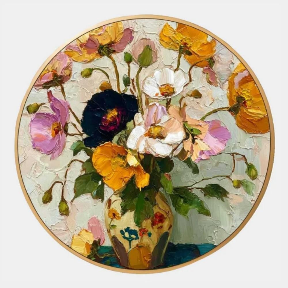 Blooming Whimsy Floral Still Life Canvas Painting: Blooming Whimsy Floral Still Life Canvas Painting Brighten your space with "Blooming Whimsy," a circular floral still life canvas painting bursting with charm and color. A vibrant bouquet of