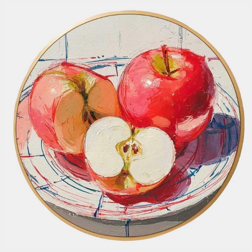 Three Apples Still Life Canvas Painting: Three Apples Still Life Canvas Painting Add a burst of color and charm to your space with "Three Apples," a lively still life canvas painting that celebrates everyday beauty. Featuring two wh