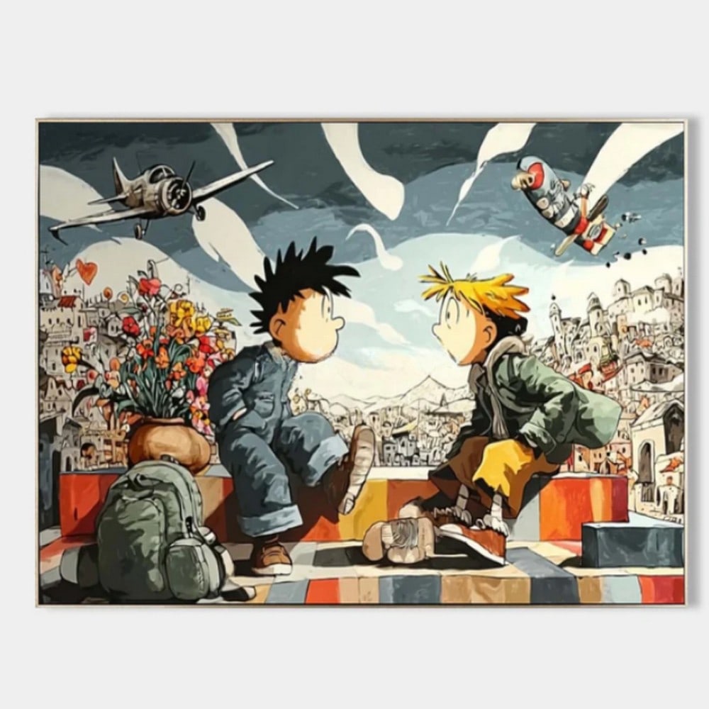 City Dreams and Skybound Escapades Canvas Painting: City Dreams and Skybound Escapades Canvas Painting This playful, vibrant illustration captures two whimsical characters seated on a colorful platform, set against a kaleidoscopic city backdrop. One sp